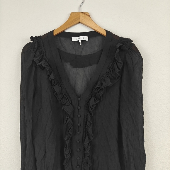 FRAME Silk Sheer Ruffle Long Sleeve V Neck Button Up Peasant Blouse Size XS - Picture 3 of 12